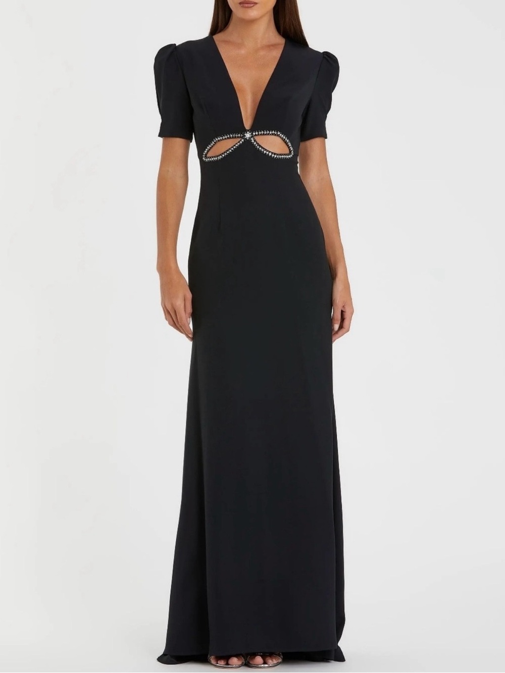 Ieena for Mac Duggal Black Puff Sleeve Beaded Cutout Column Gown 2630 NWT